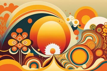 AI-generated illustration of vibrant 70s-style orange and yellow abstract graphic art.