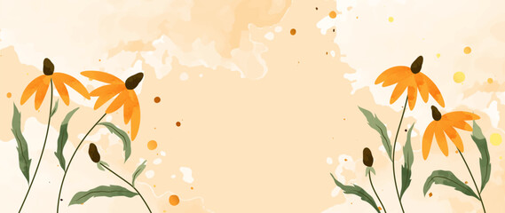 Autumn botanical floral background. Vector hand drawn botanical watercolor daisies, leaves, plants. Blooming design illustration for wallpapers, banners, prints, posters, covers, greeting and invitati