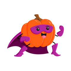 Cartoon pumpkin superhero vegetable character. Isolated vector ripe fresh gourd super hero personage in cape and mask prepare to fight. Funny fairytale comics squash healthy food, vitamin garden plant