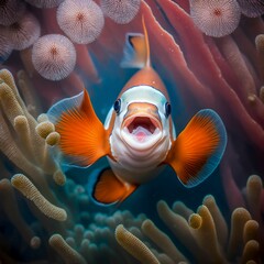 AI generated illustration of an orange clownfish swimming in an underwater display tank - obrazy, fototapety, plakaty