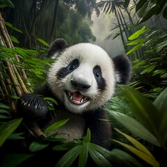 Obraz premium AI generated illustration of a cheerful panda in a jungle covered in greenery
