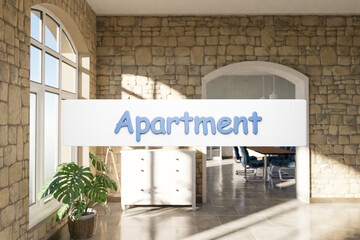apartment; search box text floating in air in luxurious loft apartment with window and garden; minimalistic interior living room design; 3D Illustration