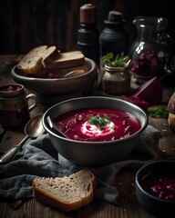 AI generated illustration of A bowl of borsch soup with a bowl of bread in the background