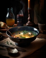 a table with a bowl of soup and silverware near it