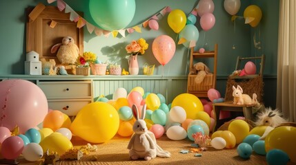 Fototapeta na wymiar AI generated illustration bright and cheerful room decorated with colorful balloons