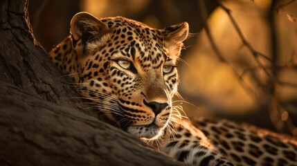 AI generated illustration of a leopard laying on a tree branch