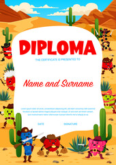 Naklejka premium Western kids diploma, cartoon berry cowboy, sheriff,ranger and bandit characters. Vector Education school certificate with cherry, rosehip, honeyberry, grapes and raspberry, burberry or gooseberry