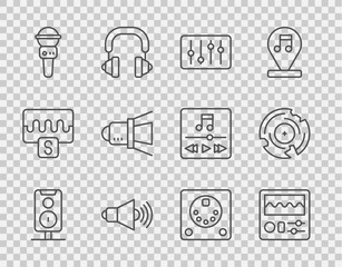 Set line Stereo speaker, Drum machine, Sound mixer controller, Speaker volume, Microphone, Movie spotlight, and Vinyl disk icon. Vector