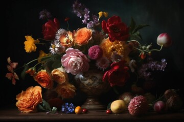 AI-generated illustration of a still life vase with a variety of vibrant colored flowers.