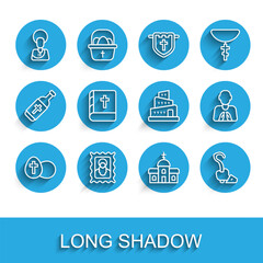 Set line Easter egg, Christian icon, Jesus, Church building, Magic staff, Holy bible book, Hands praying position and Babel tower story icon. Vector