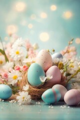 Obraz premium AI generated illustration of a decorative bird's nest featuring pastel-colored Easter eggs