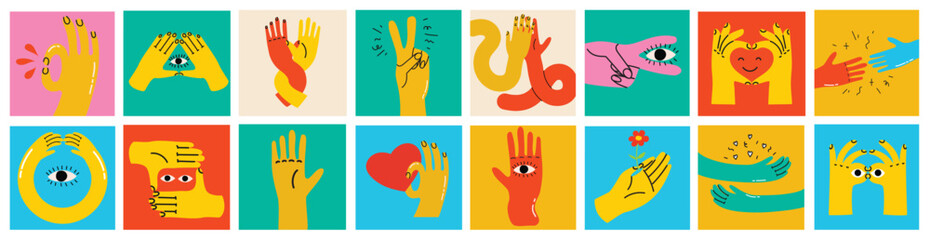 Groovy hippie set of colorful hands with different gestures. Hands with heart, eyes, together hands and etc. Hand drawn vector illustration.