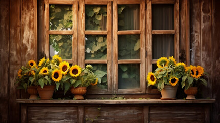 Vintage windows with open wooden shutters with sunflower garden, Generative Ai
