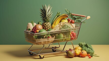 Grocery Shopping Cart with healthy organic food - Ai generated