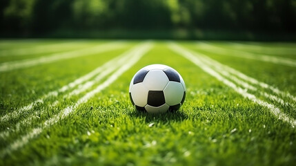 Fototapeta na wymiar White mark line on green grass field soccer in the park, Generative Ai