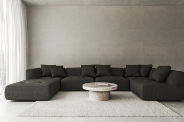 Conceptual interior living room with stucco wall. Creative composition dark sofa with marble table in pastel color. Mock up empty background. 3d rendering. High quality 3d illustration © Viktoria Kovalchuk