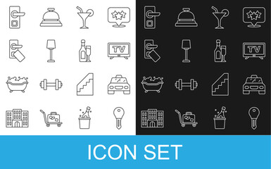 Set line Hotel door lock key, Taxi car, Smart Tv, Cocktail, Table lamp, Digital, and Champagne bottle with glass icon. Vector