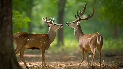 Naklejka na ściany i meble AI generated illustration of two white-tailed deer standing in a peaceful forest setting