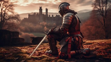 AI generated illustration of a knight in full medieval armor on knees atop a grassy hill - obrazy, fototapety, plakaty
