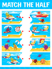 Naklejka premium Match the half of cartoon funny fruits on summer beach vacation. Fragment search game vector worksheet with guava, grapefruit, fig and pitaya, peach, banana funny personages riding jet ski and surfing