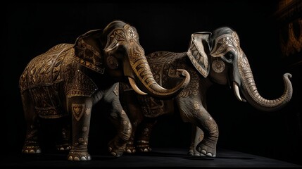 AI generated illustration of two ornamental elephant figures on a dark background