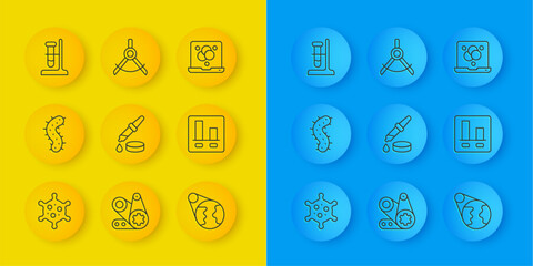 Set line Virus, Pipette, Earth globe, Graph chart infographic, Test tube flask on stand, Chemical formula and Drawing compass icon. Vector