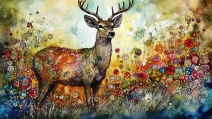 AI generated illustration of a deer among a field of wildflowers against a neutral background