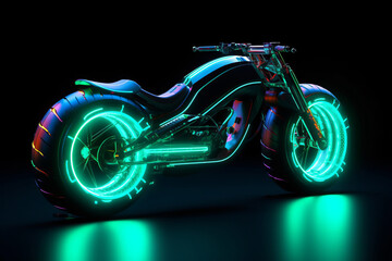 Futuristic cyberpunk motorcycle with neon lights, transport of the future in the sci-fi style. Generative AI © happy_finch