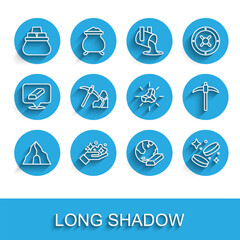 Set line Gold mine, Bag of gold bars, coin money, mining, Pickaxe and nugget icon. Vector