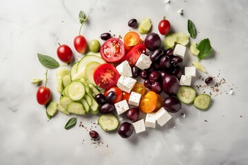 AI-generated illustration of fresh vegetables with feta cheese on a white background. Greek Salad.