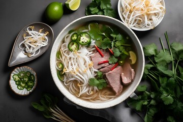 AI-generated illustration of a steaming bowl of pho served with fresh vegetables.
