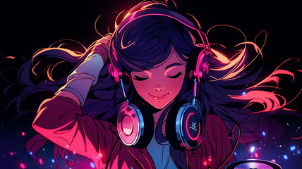 Lo-fi DJ girl. Retro anime character. Created with Generative AI.