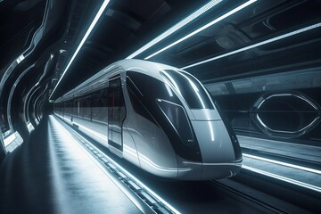 Obraz na płótnie Canvas Futuristic train driving in tunnel, white neon lights - the vehicle of the future concept. Generative AI