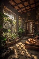 AI generated illustration of a sunlit room with lush plants and foliage illuminated by natural light