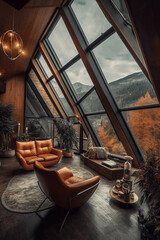 AI generated illustration of a cozy living room with a brown leather couch and a huge attic window