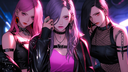 Lofi synthwave anime characters. K-pop band representation. Created with Generative AI.