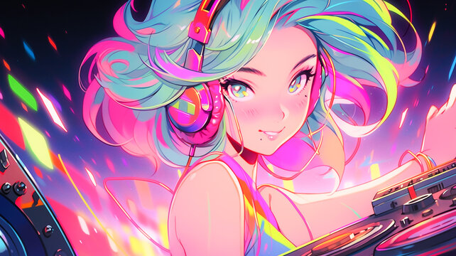 Lo-fi DJ girl. Retro anime character. Created with Generative AI.