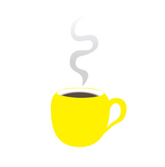 Cartoon yellow mug with hot drink and steam over it. Vector illustration