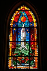 AI generated illustration of a stained glass window featuring a rocket