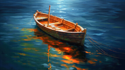 Vertical shot of a sailing boat in the ocean during sunset. Generative ai