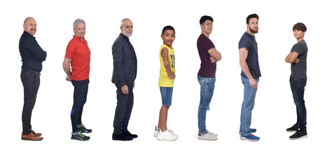 line of a side view of a group of men looking at camera on white background