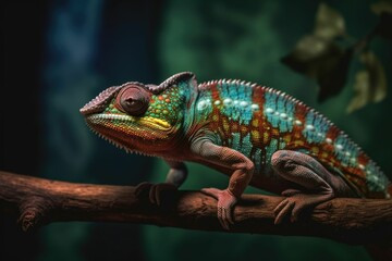 AI generated illustration of a colorful chameleon perched atop a gnarled tree branch