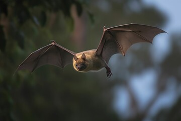 AI generated illustration of a bat in mid-flight, its wings outstretched as it gazes forward