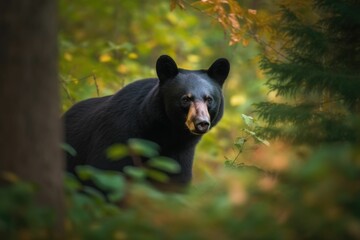 AI generated illustration of a black bear standing in a picturesque green forest