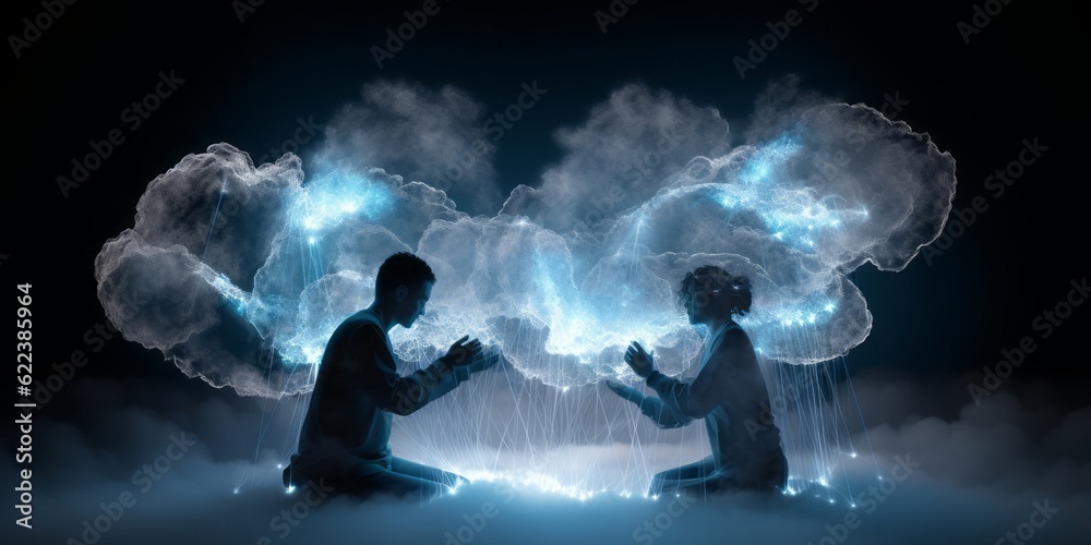 Fototapete people connected via cloud, cyberspace, CGI Image of Two Smartphones Networking with the Cloud, Creating Links in a Space of Light Blue