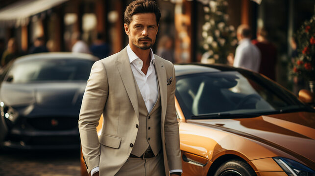 Businessman in front of his supercar. Financial success concept. Generative Ai