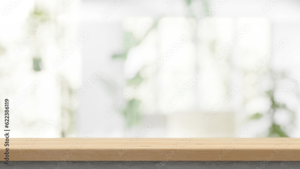 Poster Wooden table on the blurred light abstract home with plants and windows background bokeh, special empty place for productoin desplacement and presentation