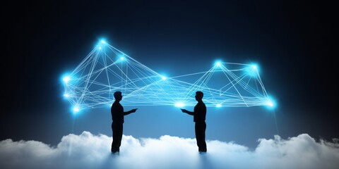 people connected via cloud, cyberspace, CGI Image of Two Smartphones Networking with the Cloud, Creating Links in a Space of Light Blue