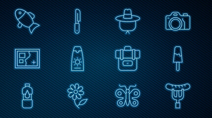 Set line Sausage on the fork, Ice cream, Camping hat, Sunscreen tube, Folded map, Fish, Hiking backpack and Knife icon. Vector