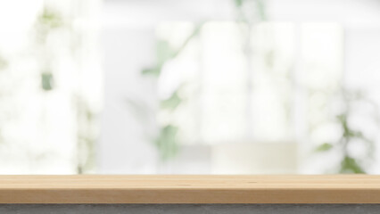 Wooden table on the blurred light abstract home with plants and windows background bokeh, special...